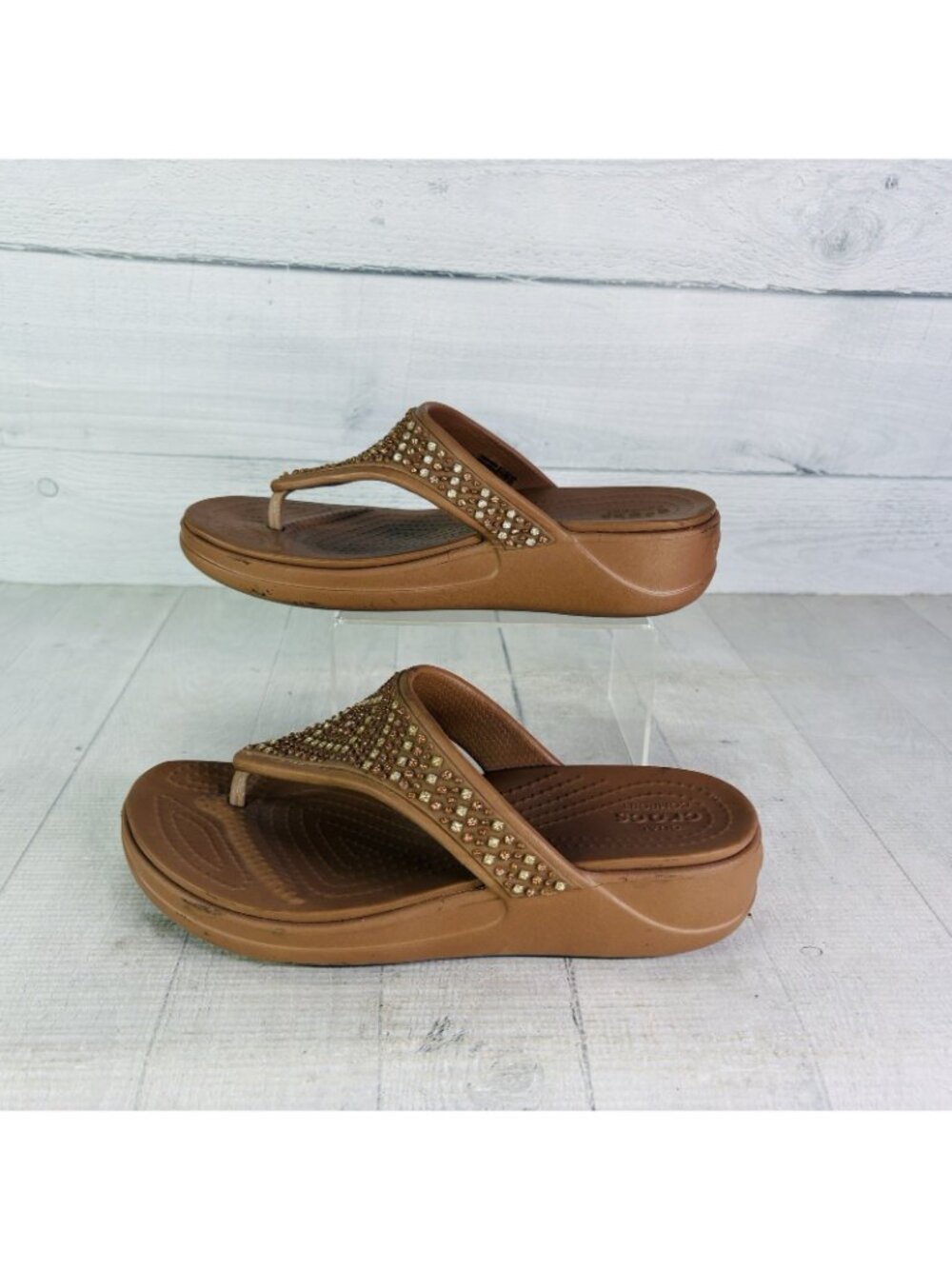 Crocs MONTEREY SHIMMER Bronze Bling Wedge Platform Thong Flip Flop Shoe Size 8 - Picture 4 of 16